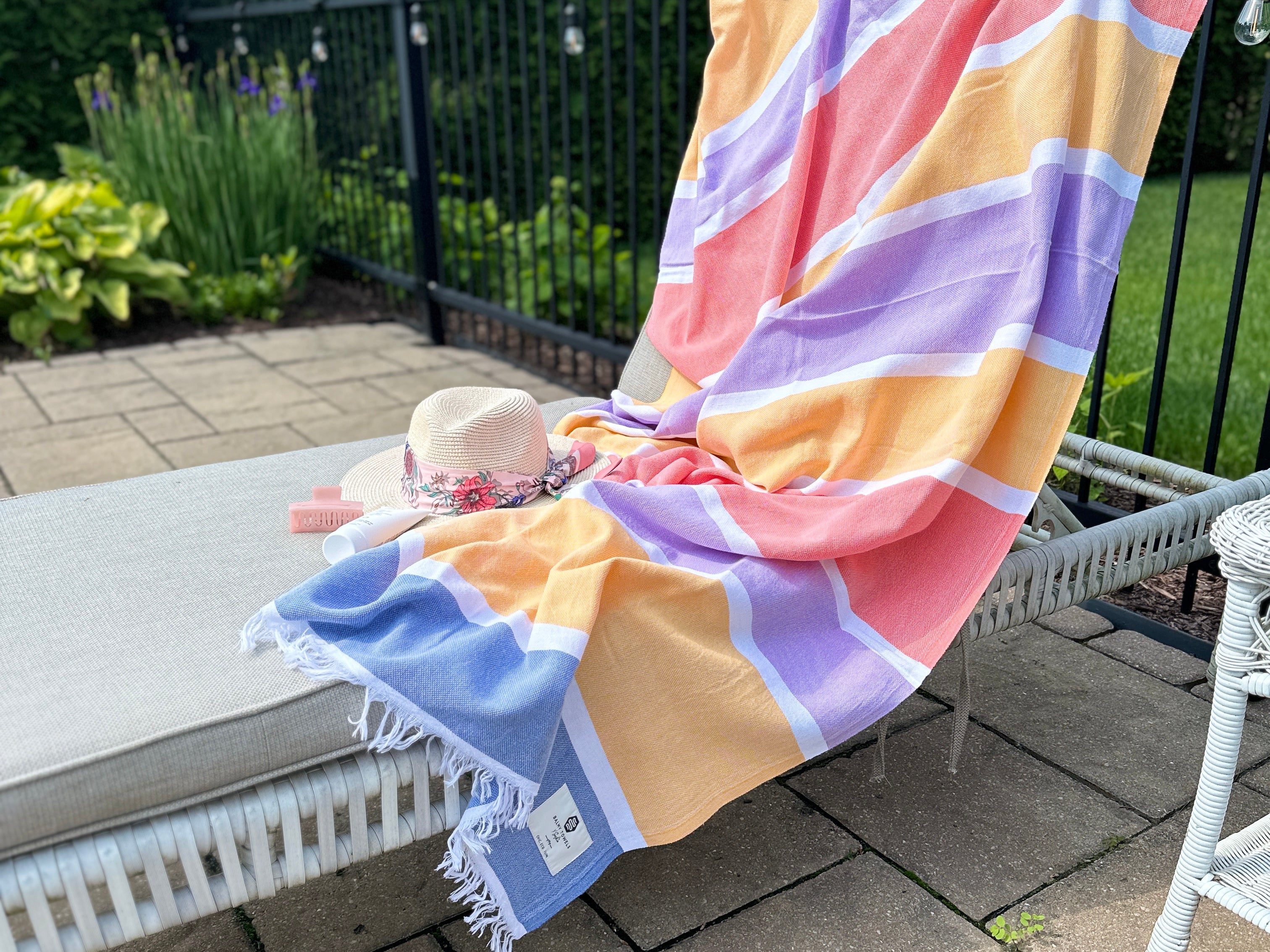 Colorful Turkish cotton Candy towel with fringe – perfect for summer days outdoors