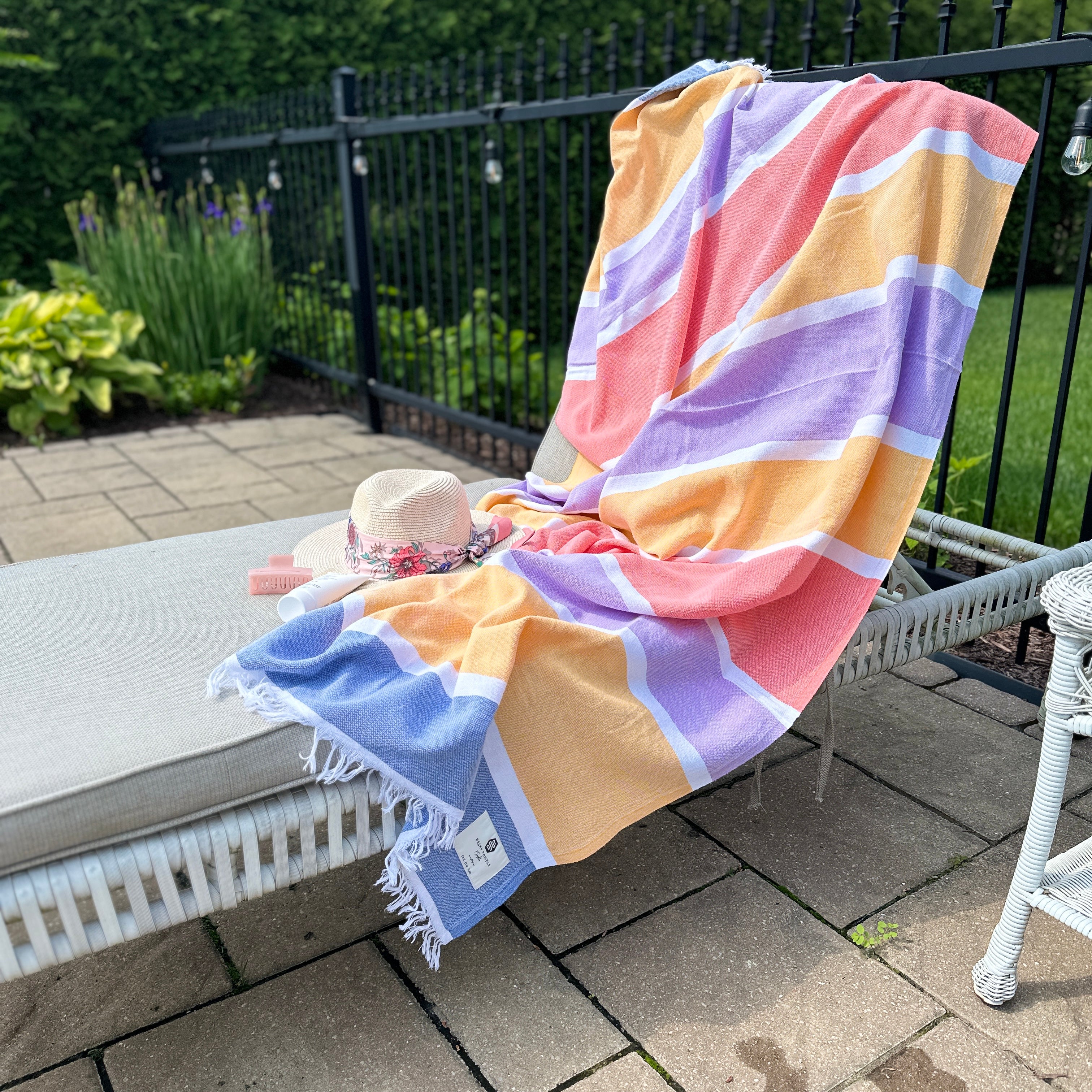 Colorful Turkish cotton Candy towel with fringe – perfect for summer days outdoors