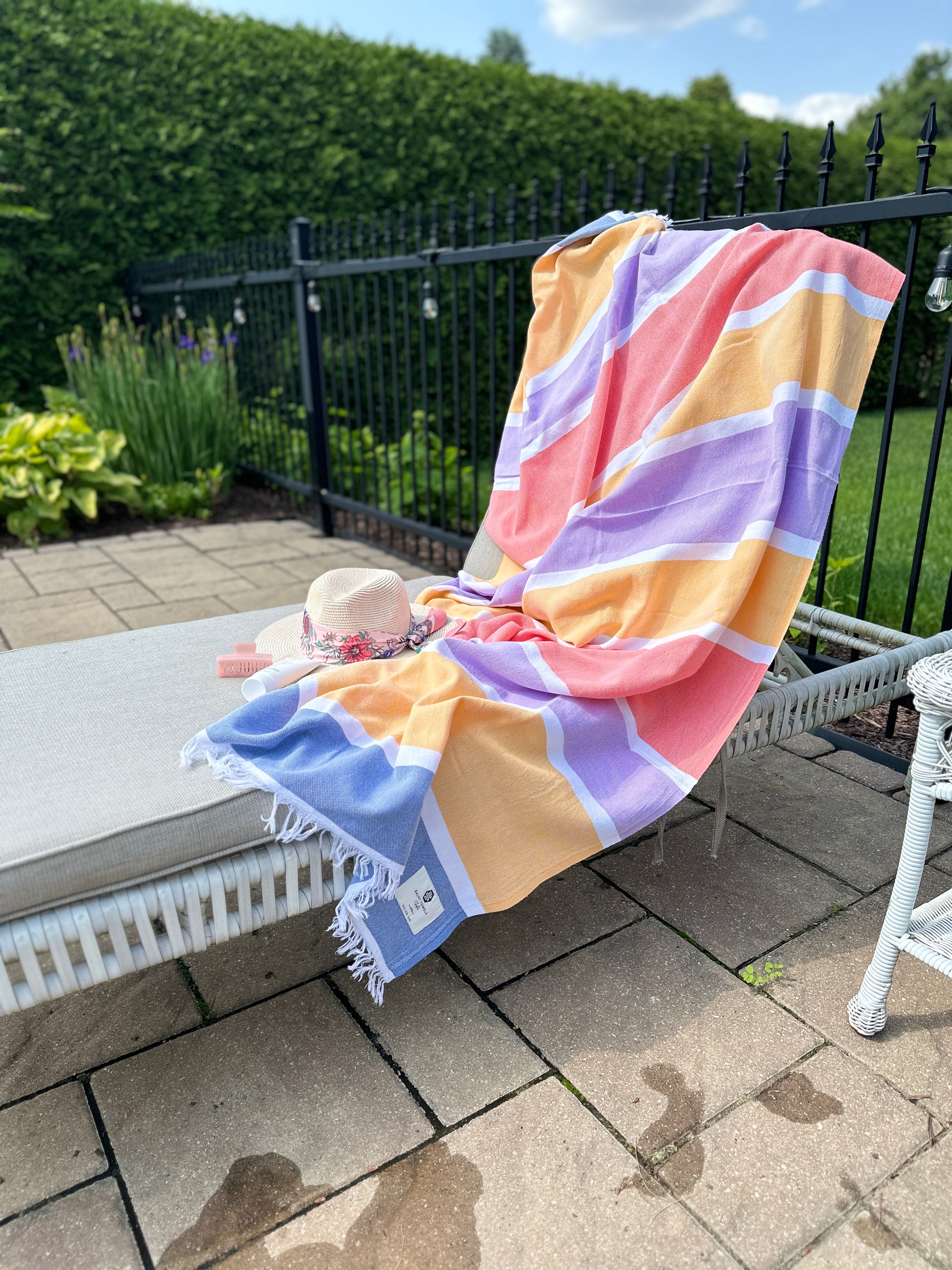 Colorful Turkish cotton Candy towel with fringe – perfect for summer days outdoors