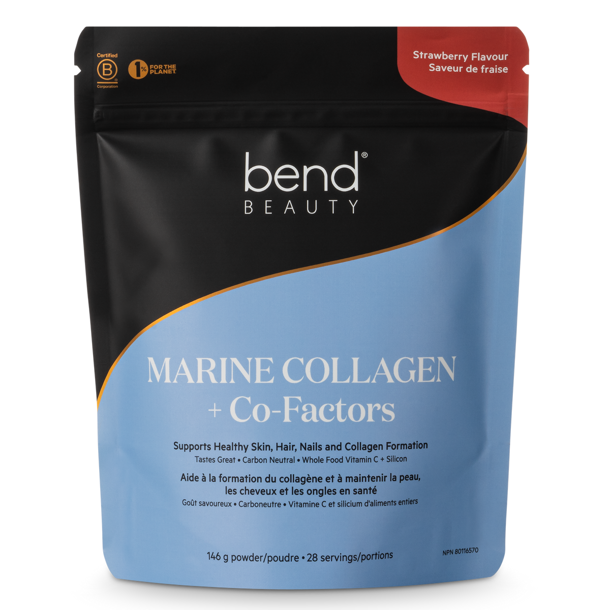 Sachet refermable noir et bleu Bend Beauty Collagène marin + Co-facteurs, saveur de fraise, 146 g, sur fond blanc