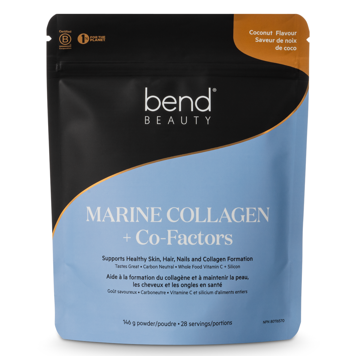 Sachet refermable noir et bleu Bend Beauty Collagène marin + Co-facteurs, saveur de noix de coco, 146 g, sur fond blanc