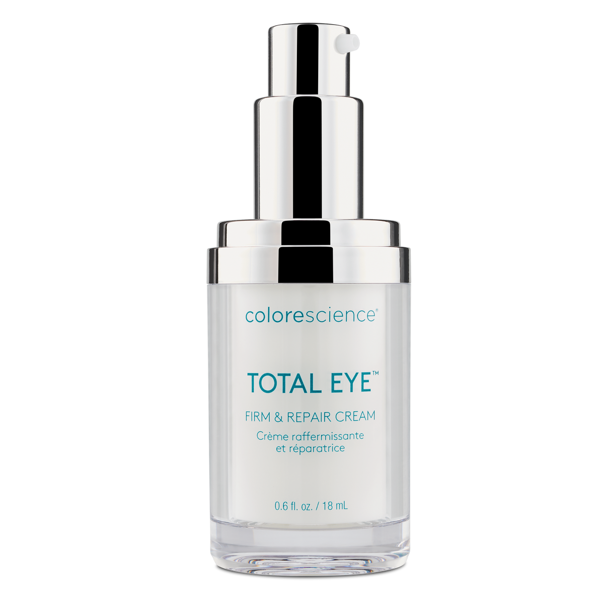 White and silver Colorescience TOTAL EYE pump bottle, Firm & Repair Cream, 18 mL, on a white background