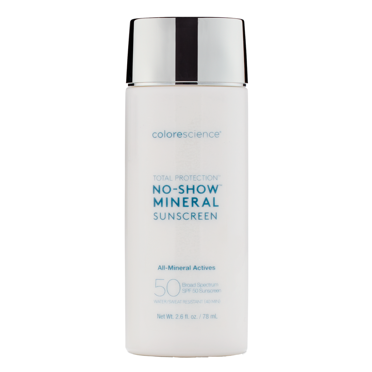 White Colorescience Total Protection No-Show Mineral Sunscreen SPF 50 bottle with a silver cap, 78 mL, on white
