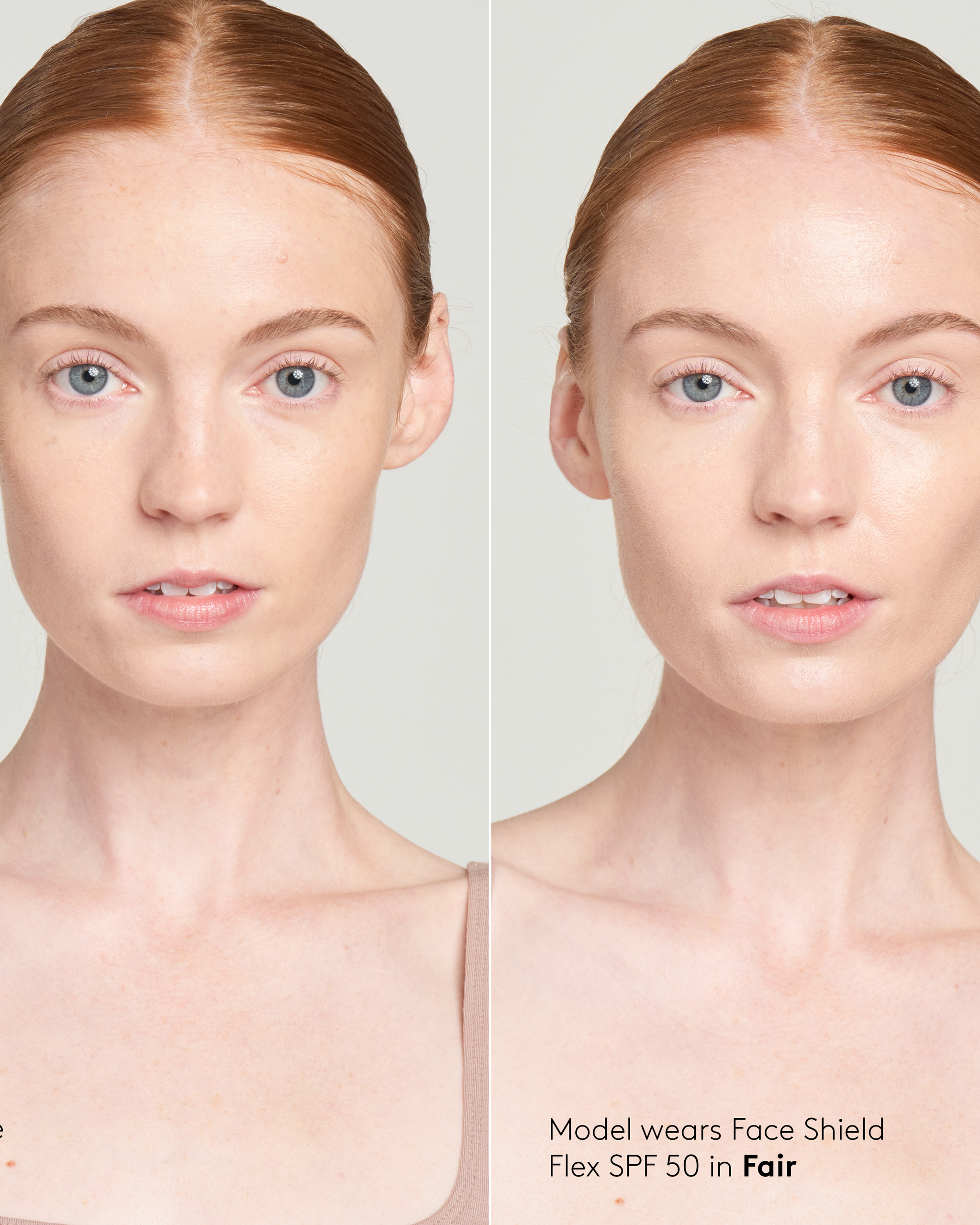 Fair-skinned red-haired woman before and after Colorescience Face Shield Flex SPF 50, shade Fair