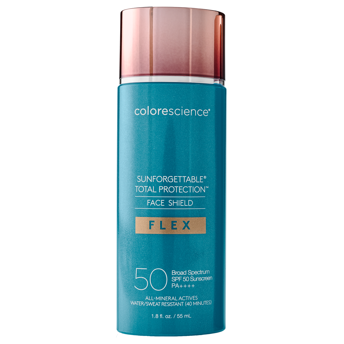 Teal Colorescience Sunforgettable Total Protection Face Shield Flex SPF 50 bottle, rose cap, 55 mL, on a white background