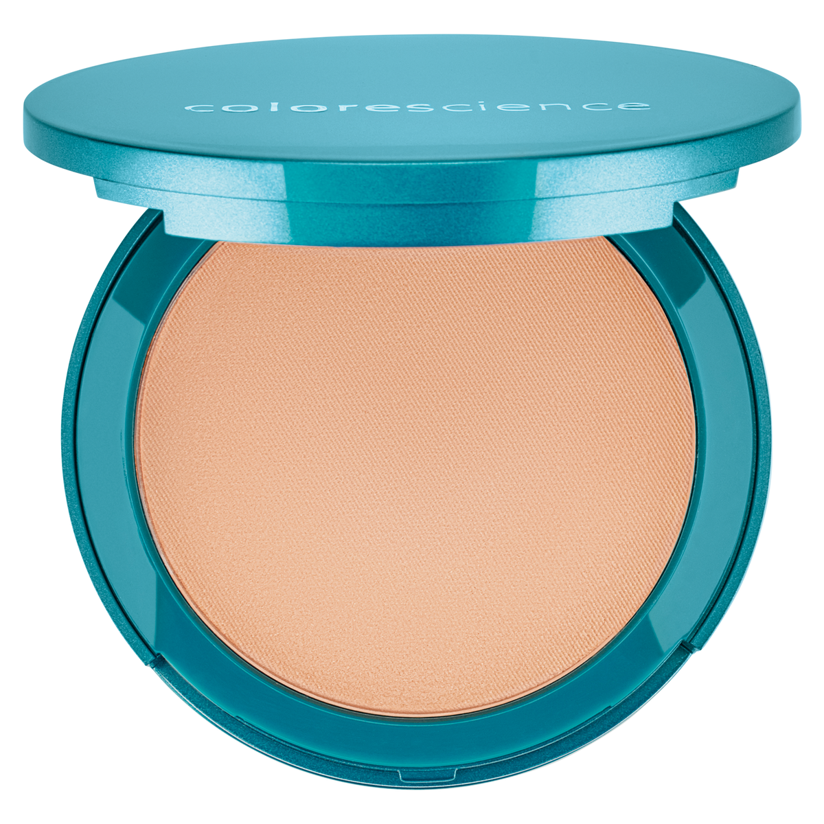 Poudrier rond turquoise Colorescience ouvert, fond de teint poudre pressée FPS 20 teinte Light Beige, sur fond blanc