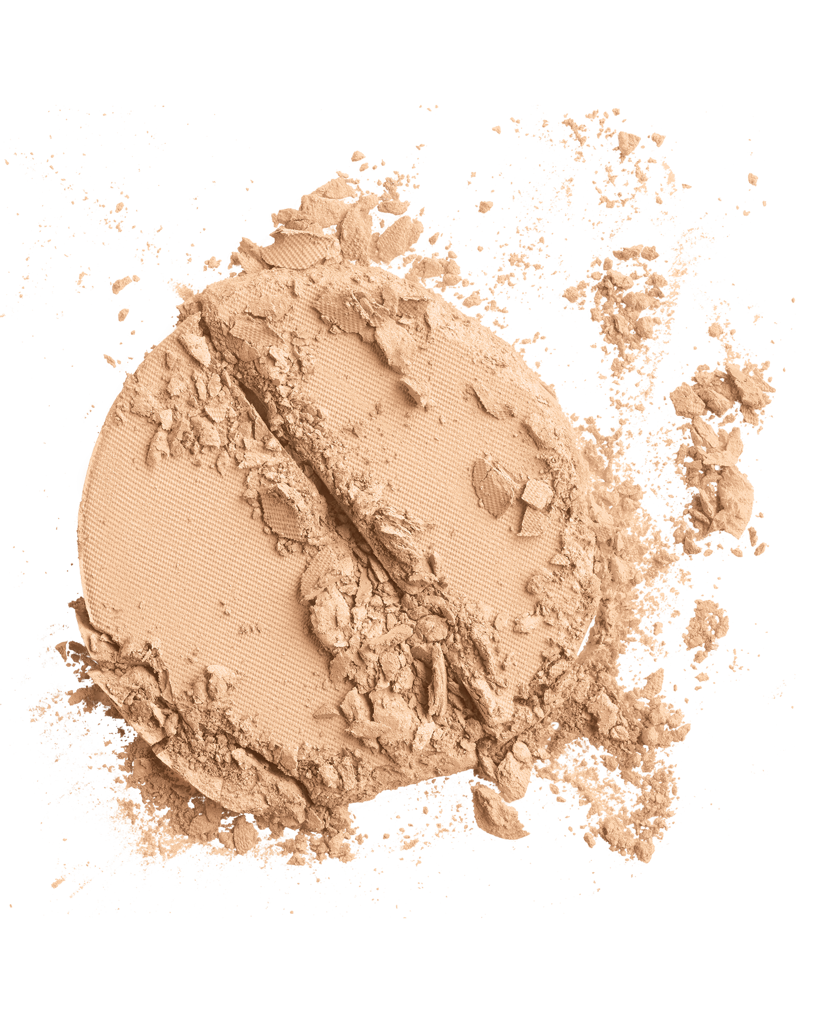 Galette de poudre pressée beige Colorescience brisée, éclats de poudre éparpillés sur fond blanc