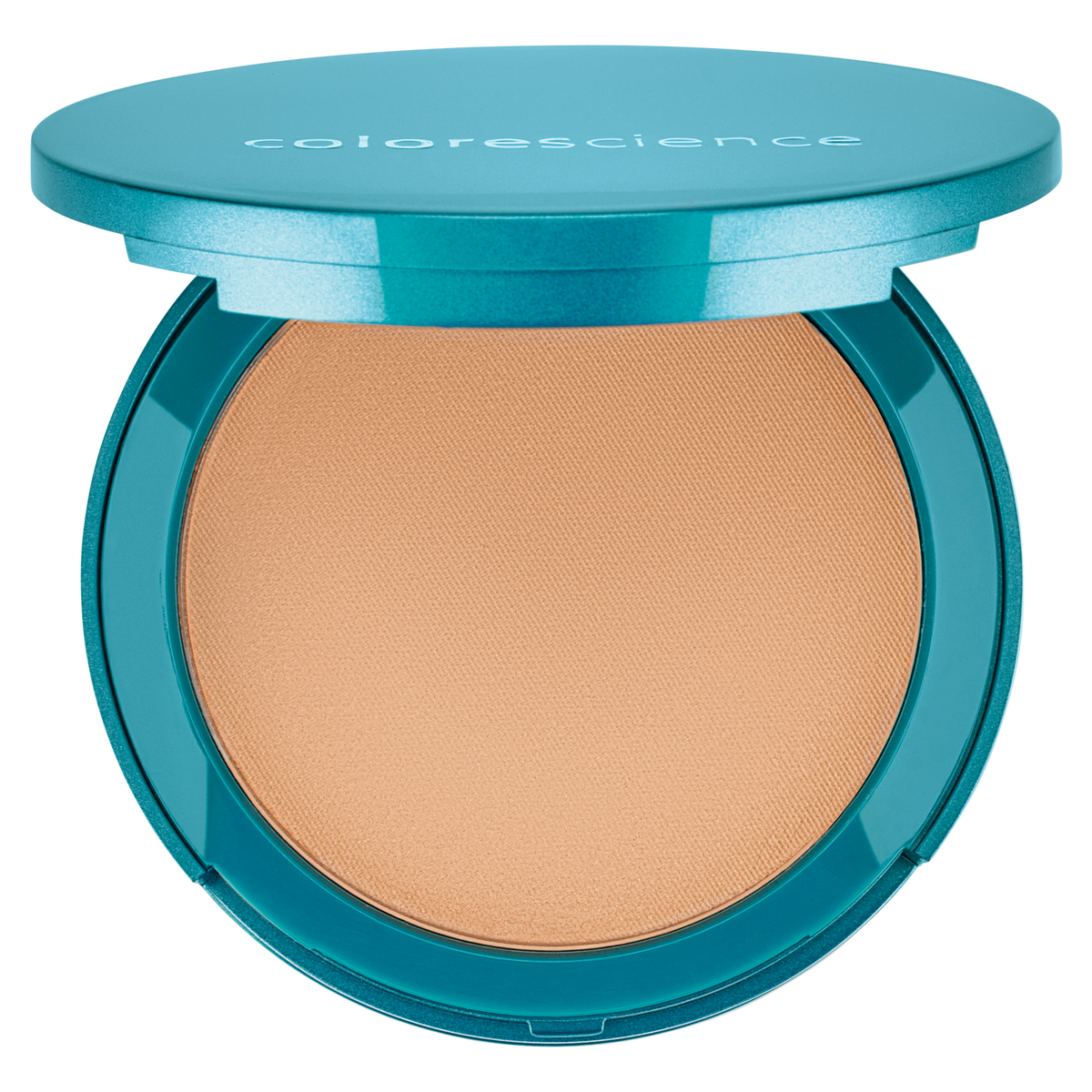 Open round turquoise Colorescience compact, pressed powder foundation SPF 20 in shade Medium Bisque, on a white background