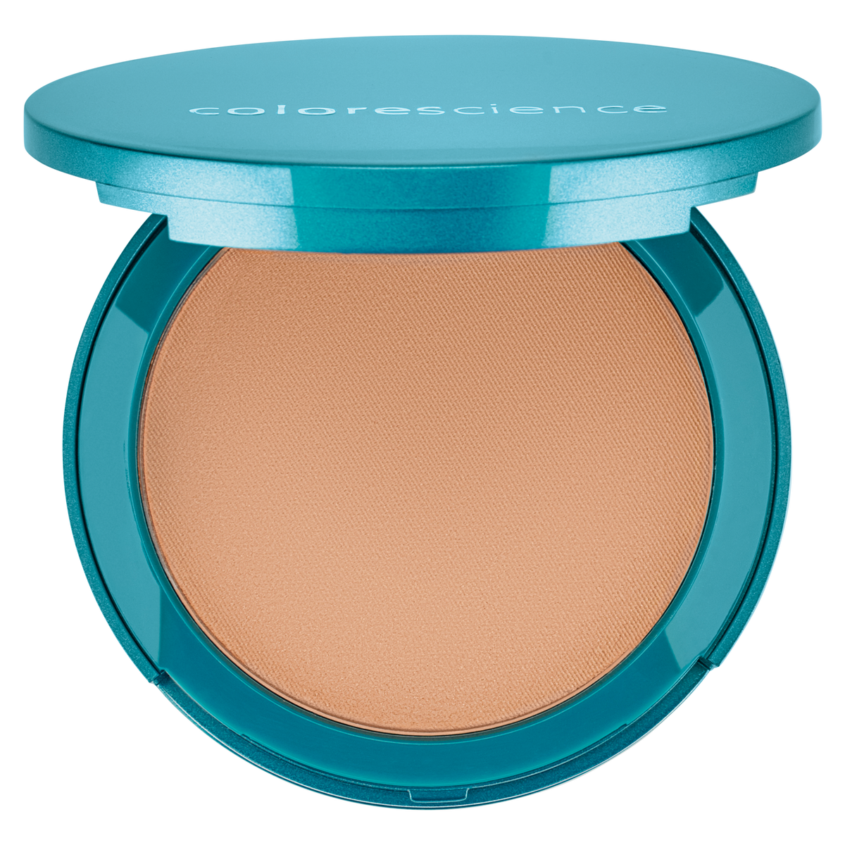 Poudrier rond turquoise Colorescience ouvert, fond de teint poudre pressée FPS 20 teinte Medium Sand, sur fond blanc