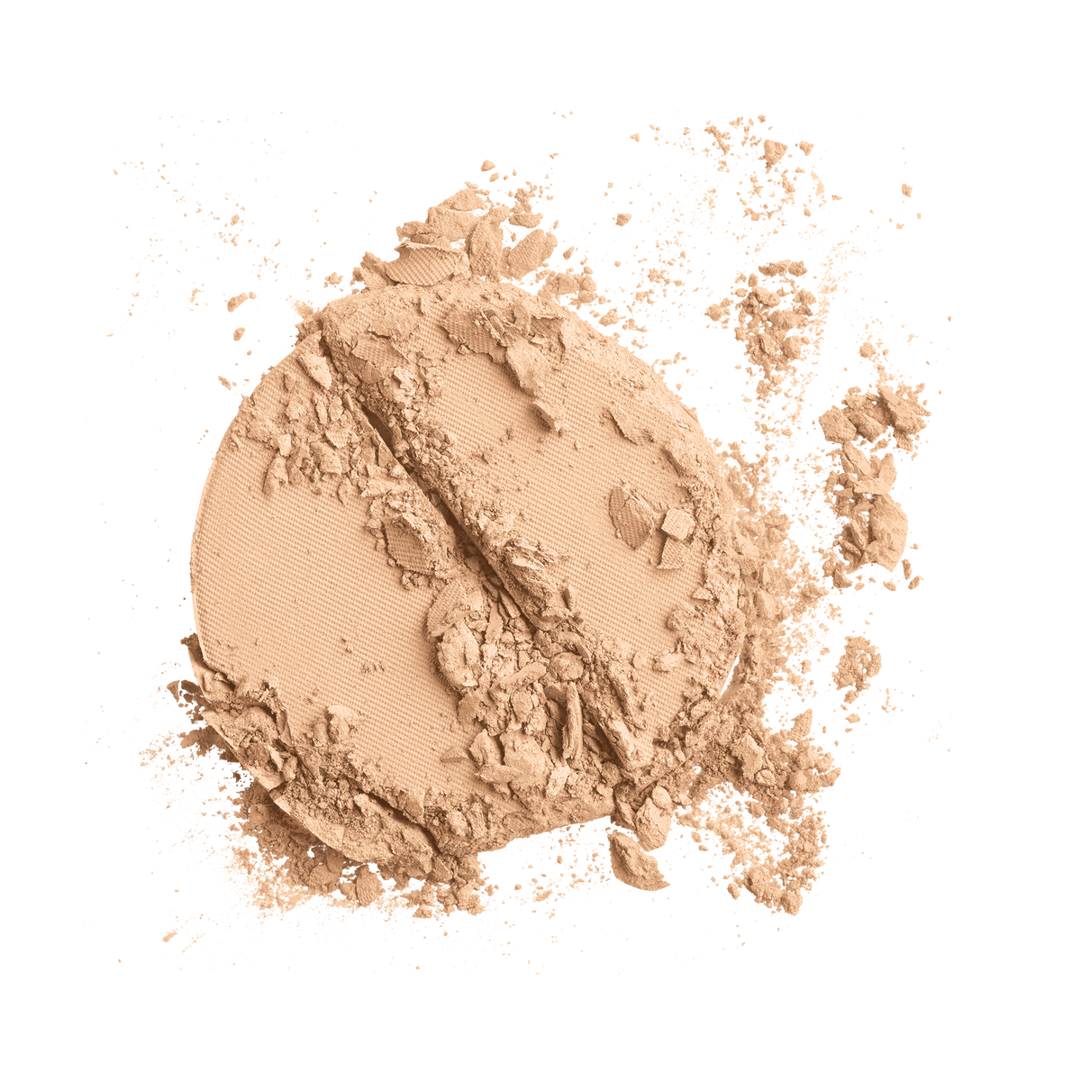 Galette de poudre pressée beige Colorescience brisée, éclats de poudre éparpillés sur fond blanc