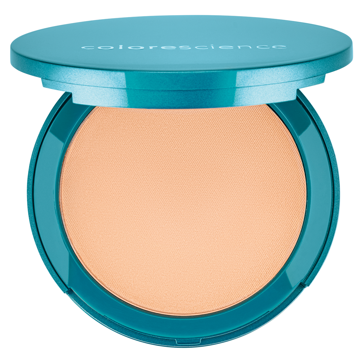 Open round turquoise Colorescience compact, pressed powder foundation SPF 20 in shade Medium Sunlight, on a white background