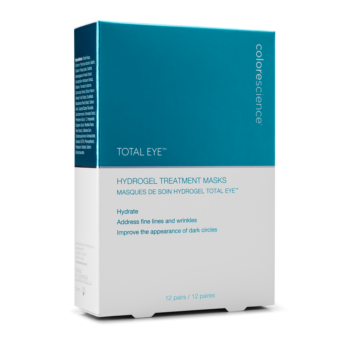 Boîte Colorescience TOTAL EYE Hydrogel Treatment Masks de 12 paires, bleu sarcelle et blanc, sur fond blanc
