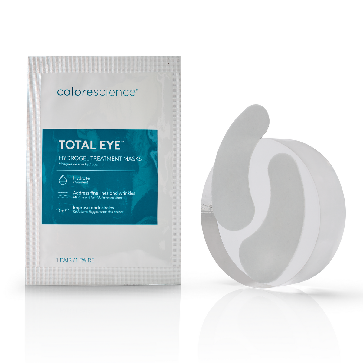 Sachet Colorescience TOTAL EYE Hydrogel Treatment Masks (1 paire) et deux patchs gris posés sur un disque transparent