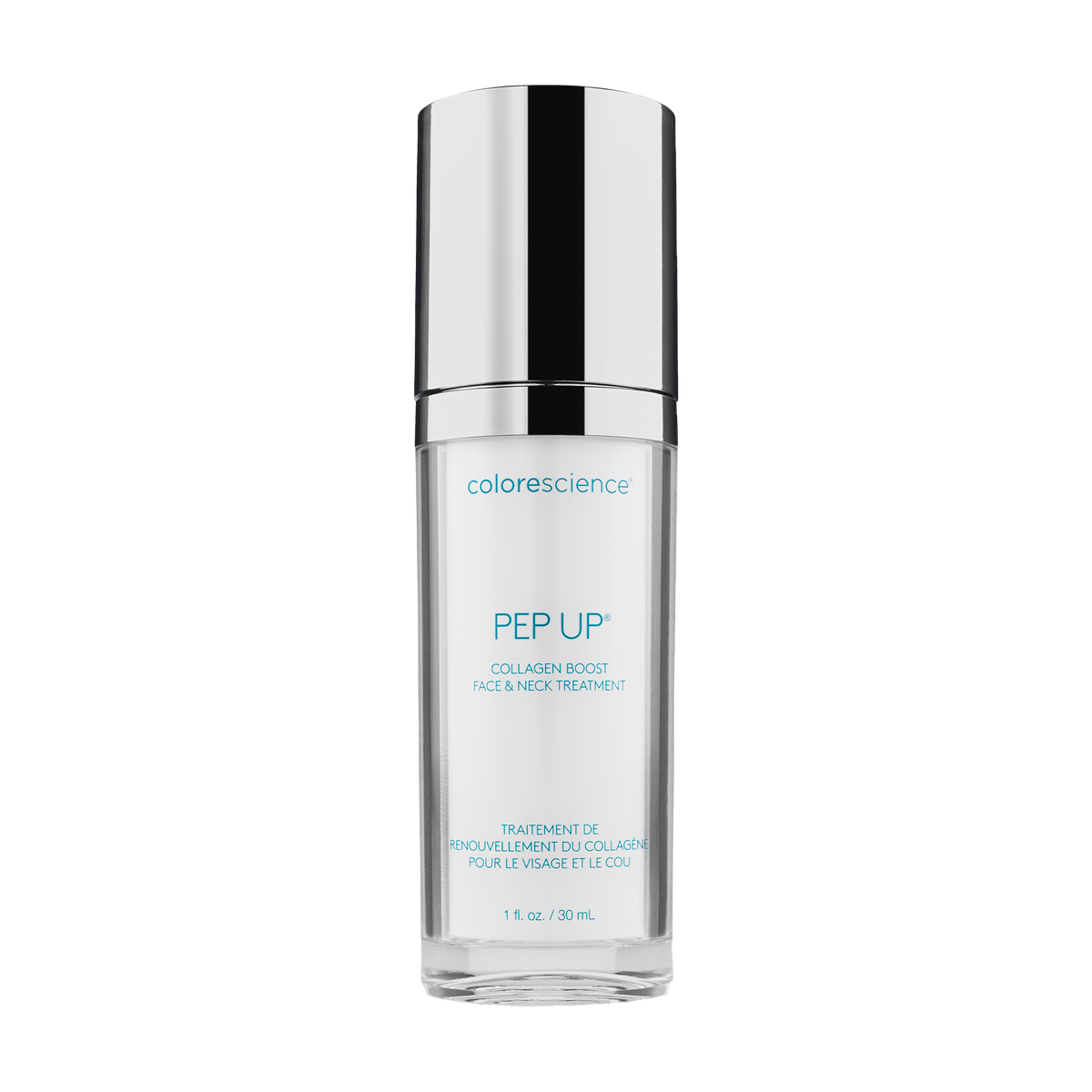 Clear Colorescience PEP UP bottle with a silver cap, face and neck treatment, 30 mL, on a white background