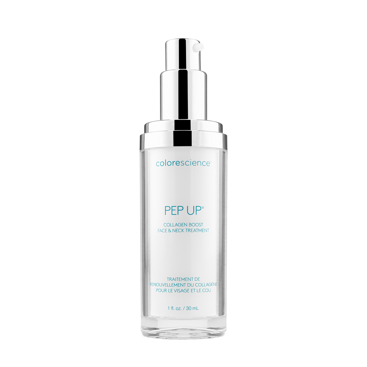 Colorescience PEP UP pump bottle without its cap, face and neck treatment, 30 mL, on a white background