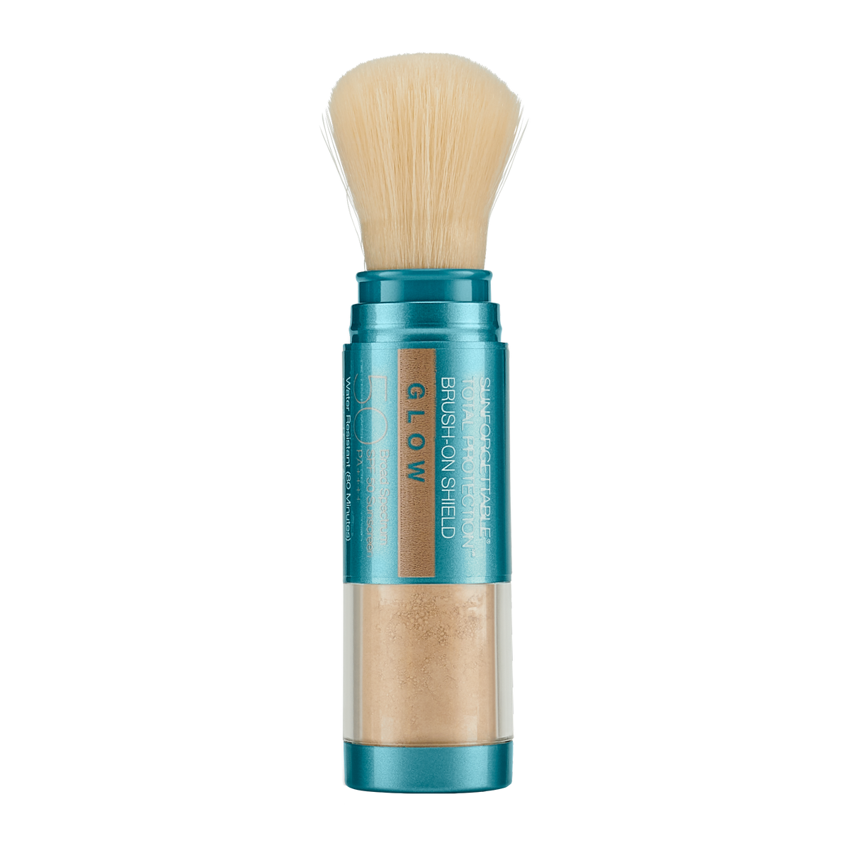 Teal Colorescience Sunforgettable Total Protection Brush-On Shield Glow SPF 50 powder brush, powder visible