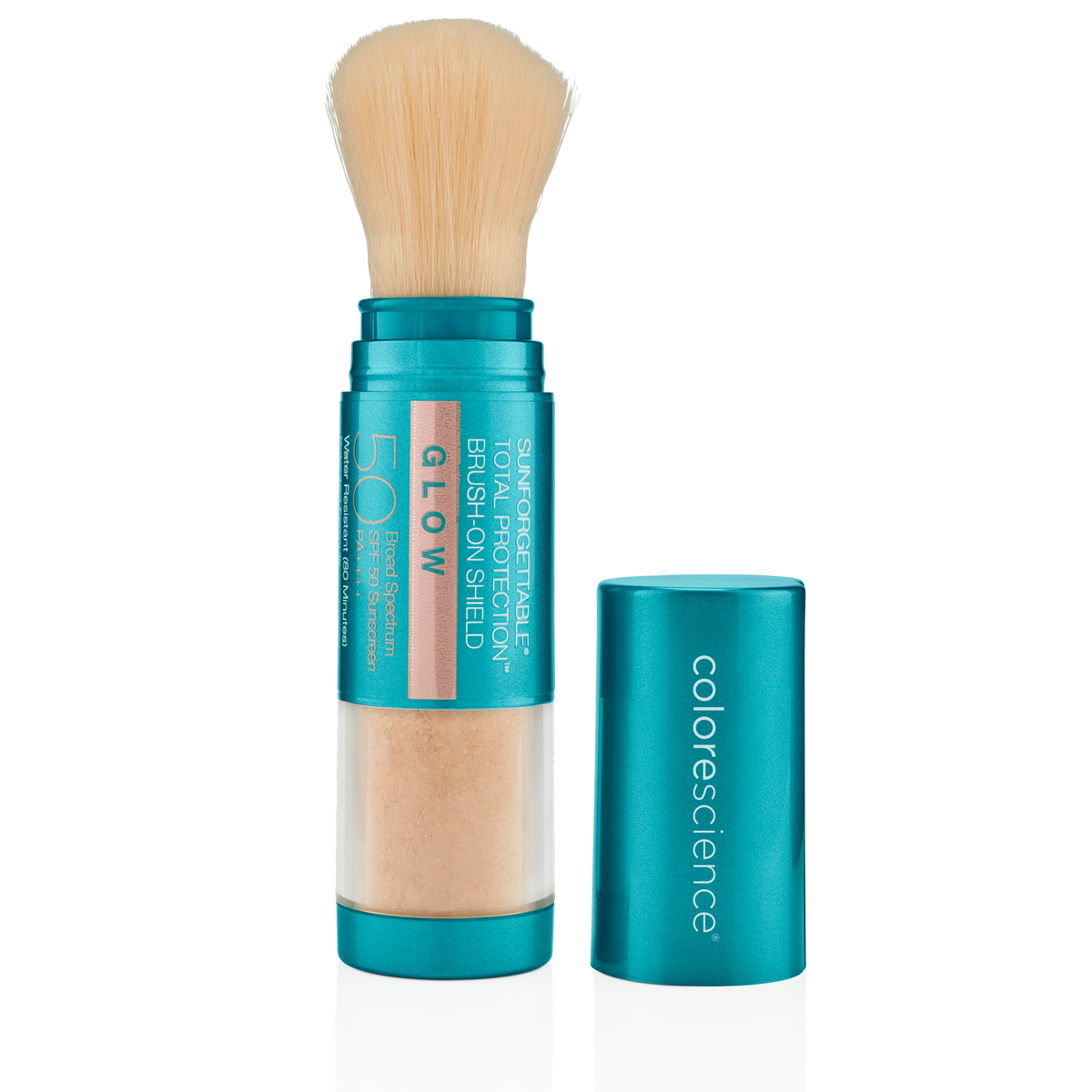 Open Colorescience Brush-On Shield Glow SPF 50 brush, peach powder in the reservoir, teal cap beside it