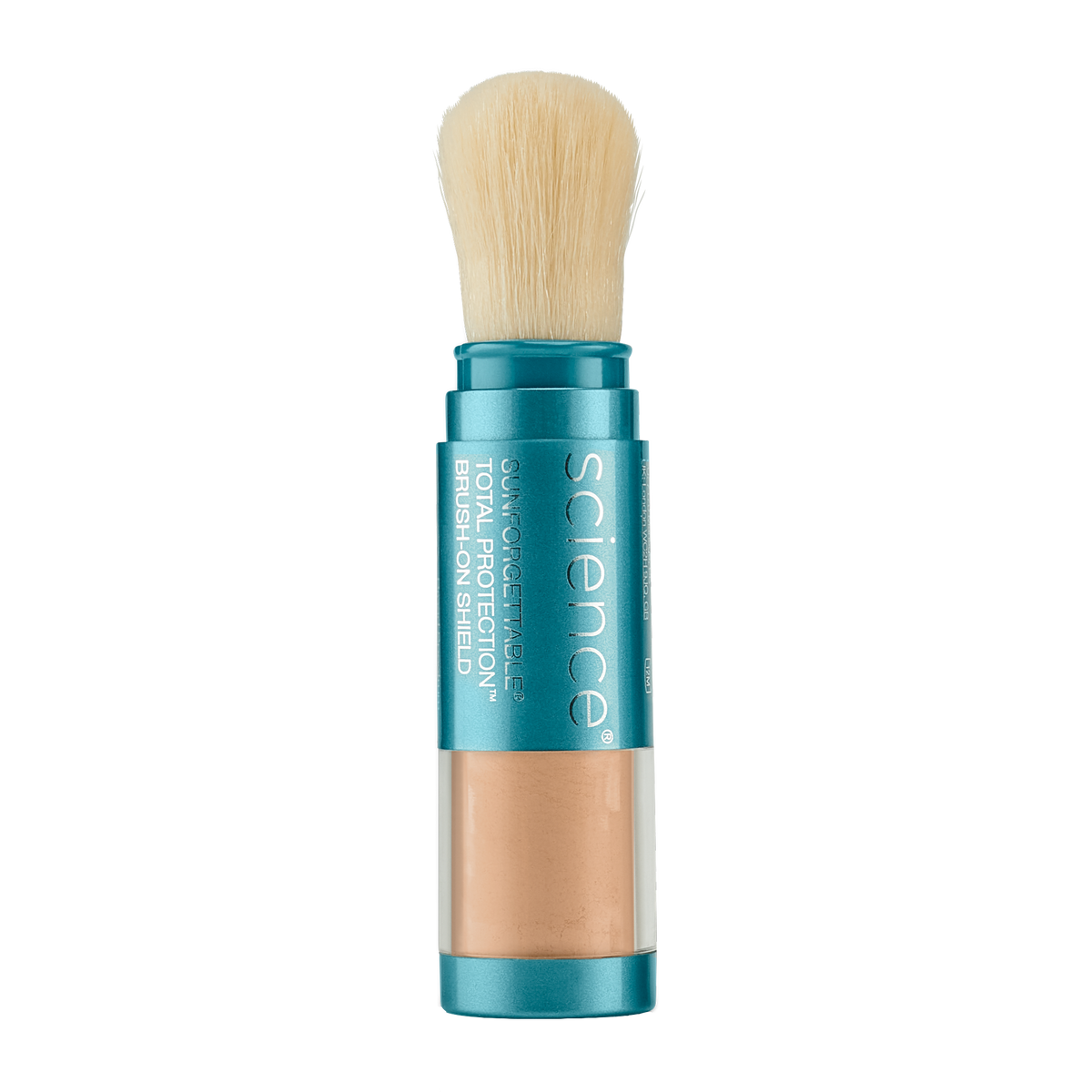 Teal Colorescience Sunforgettable Total Protection Brush-On Shield SPF 50 powder brush, beige powder visible