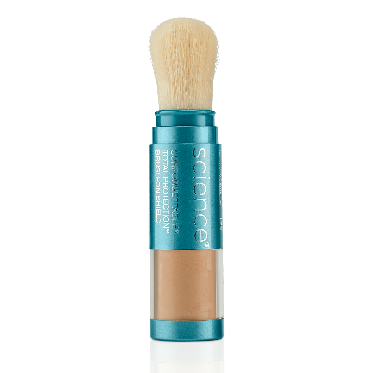 Colorescience Brush-On Shield SPF 50 brush in the Bronzé shade, teal tube with golden beige powder