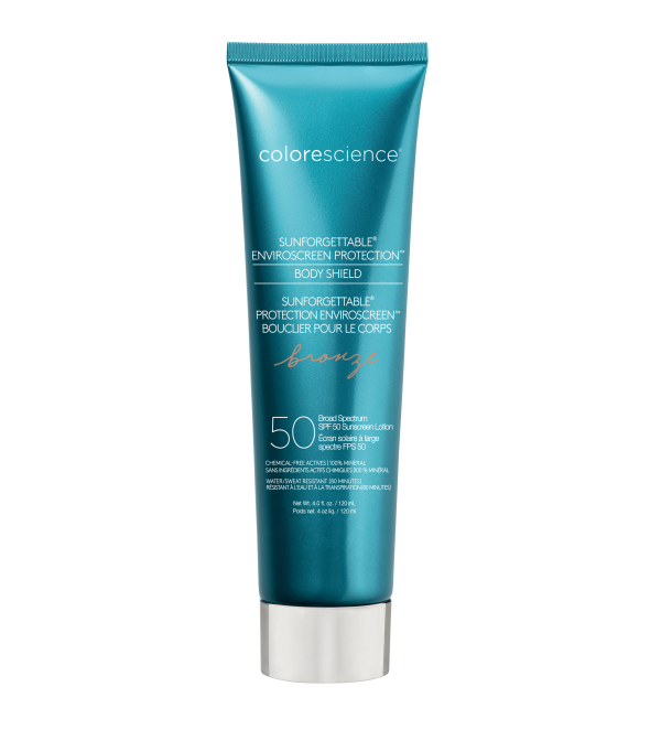 Tube turquoise Colorescience Sunforgettable EnviroScreen Protection Body Shield FPS 50 bronze, 120 mL, bouchon argenté