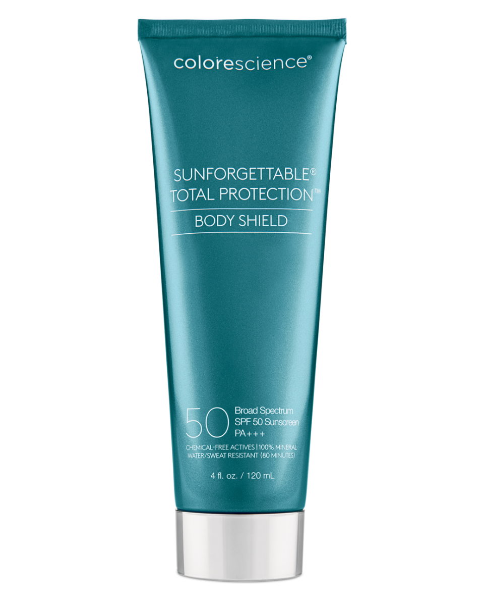 Tube turquoise Colorescience Sunforgettable Total Protection Body Shield FPS 50, teinte Original, 120 mL, fond blanc
