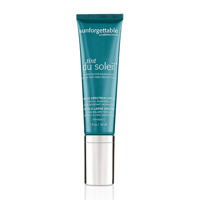 Tube turquoise à bouchon argenté Sunforgettable Tint du Soleil de Colorescience, FPS 30, 30 ml, sur fond blanc