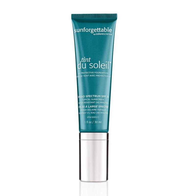 Tube turquoise à bouchon argenté Sunforgettable Tint du Soleil de Colorescience, FPS 30, 30 ml, sur fond blanc