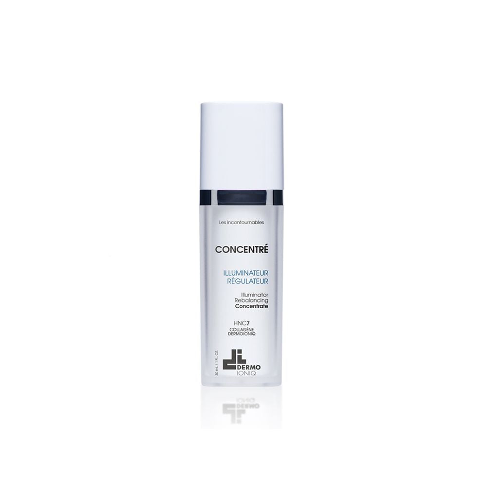Frosted bottle with white cap and navy band, Dermo Ioniq Illuminator Rebalancing Concentrate, blue lettering, 30 mL