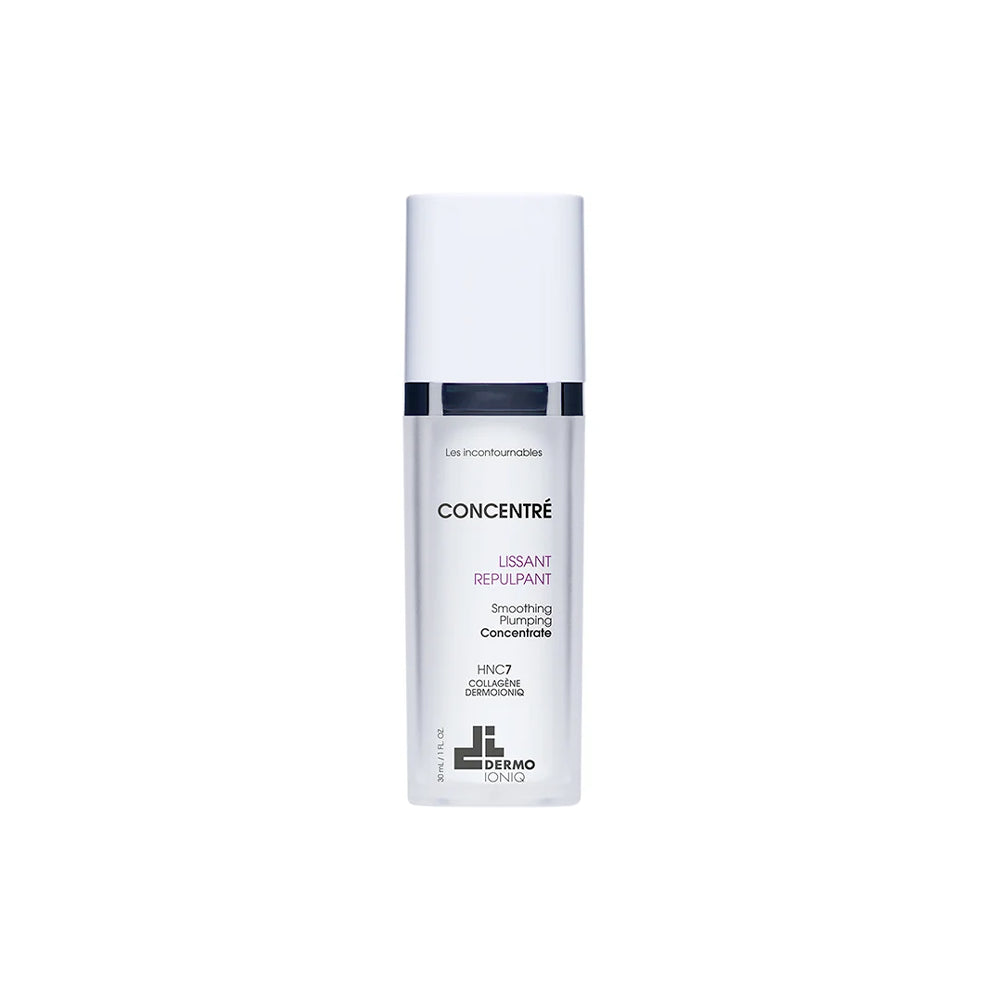 Frosted bottle with white cap and navy band, Dermo Ioniq Smoothing Plumping Concentrate, plum lettering, 30 mL