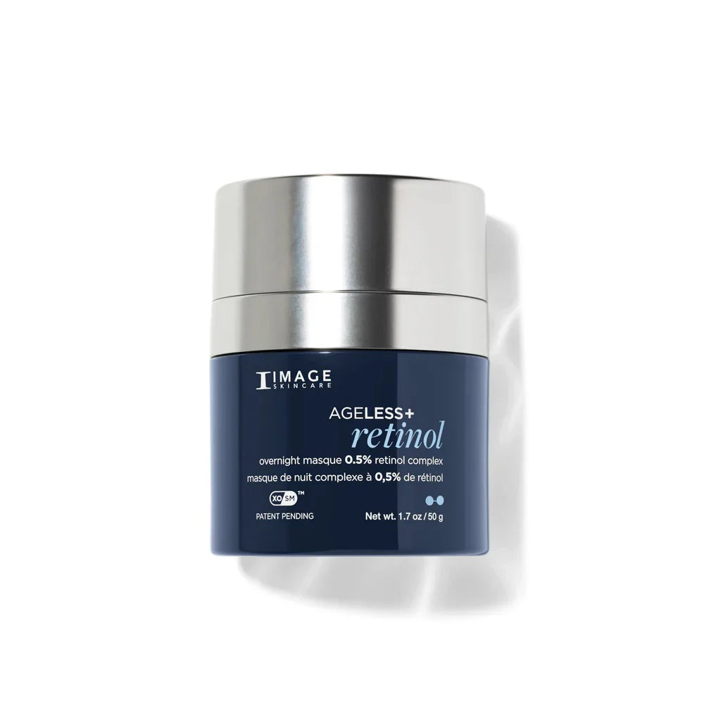 Navy jar with silver lid, Image Skincare AGELESS+ overnight masque 0.5% retinol complex, 50 g