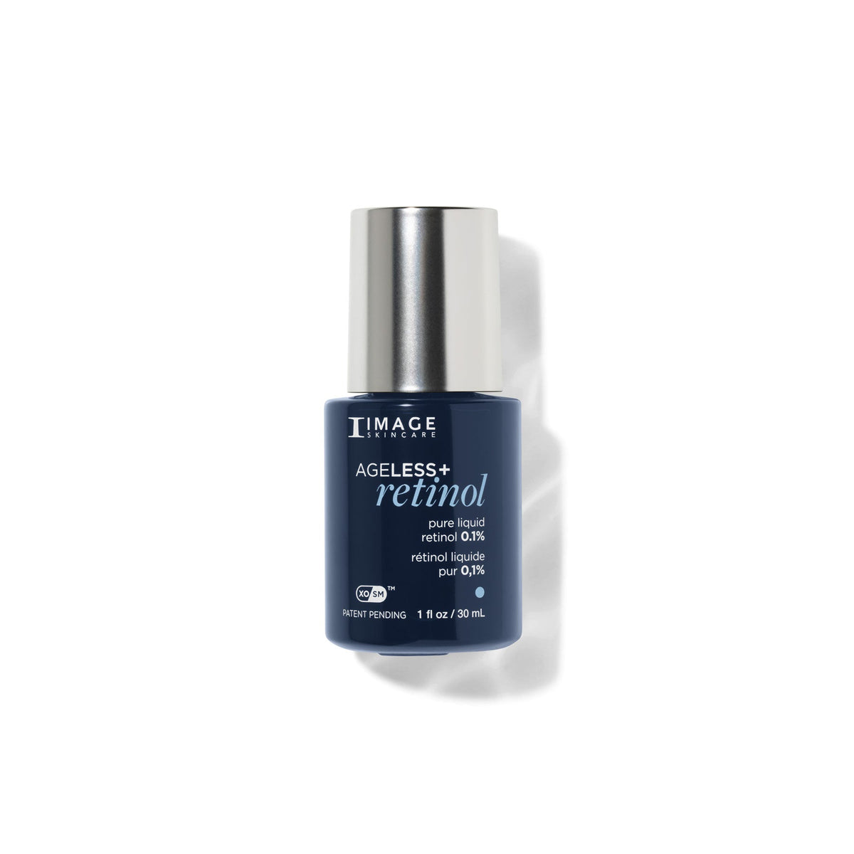 Navy bottle with silver cap, Image Skincare AGELESS+ retinol pure liquid retinol 0.1%, 30 mL, on a white background