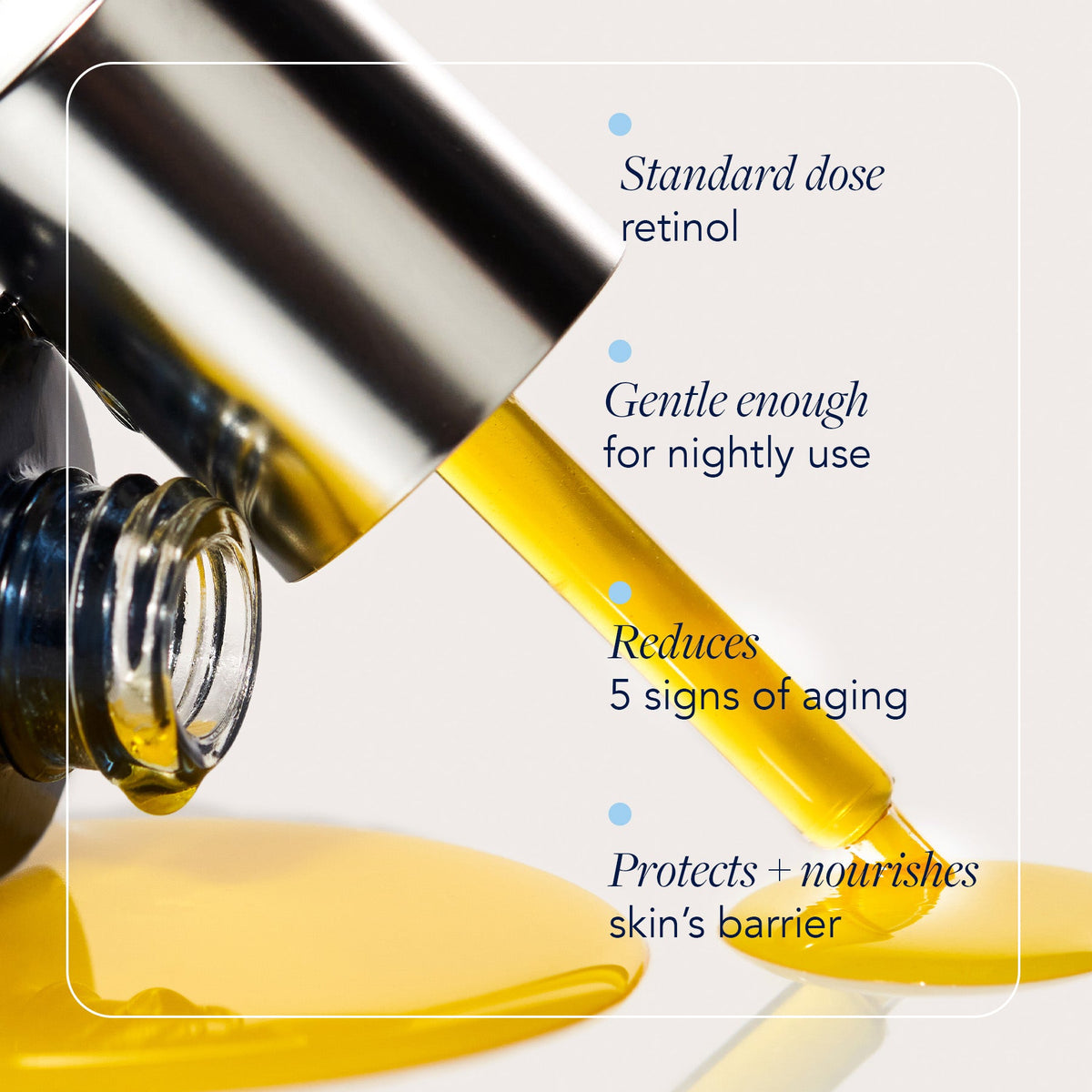 Dropper of Image Skincare AGELESS+ pure liquid retinol 0.3% releasing golden oil, with English captions