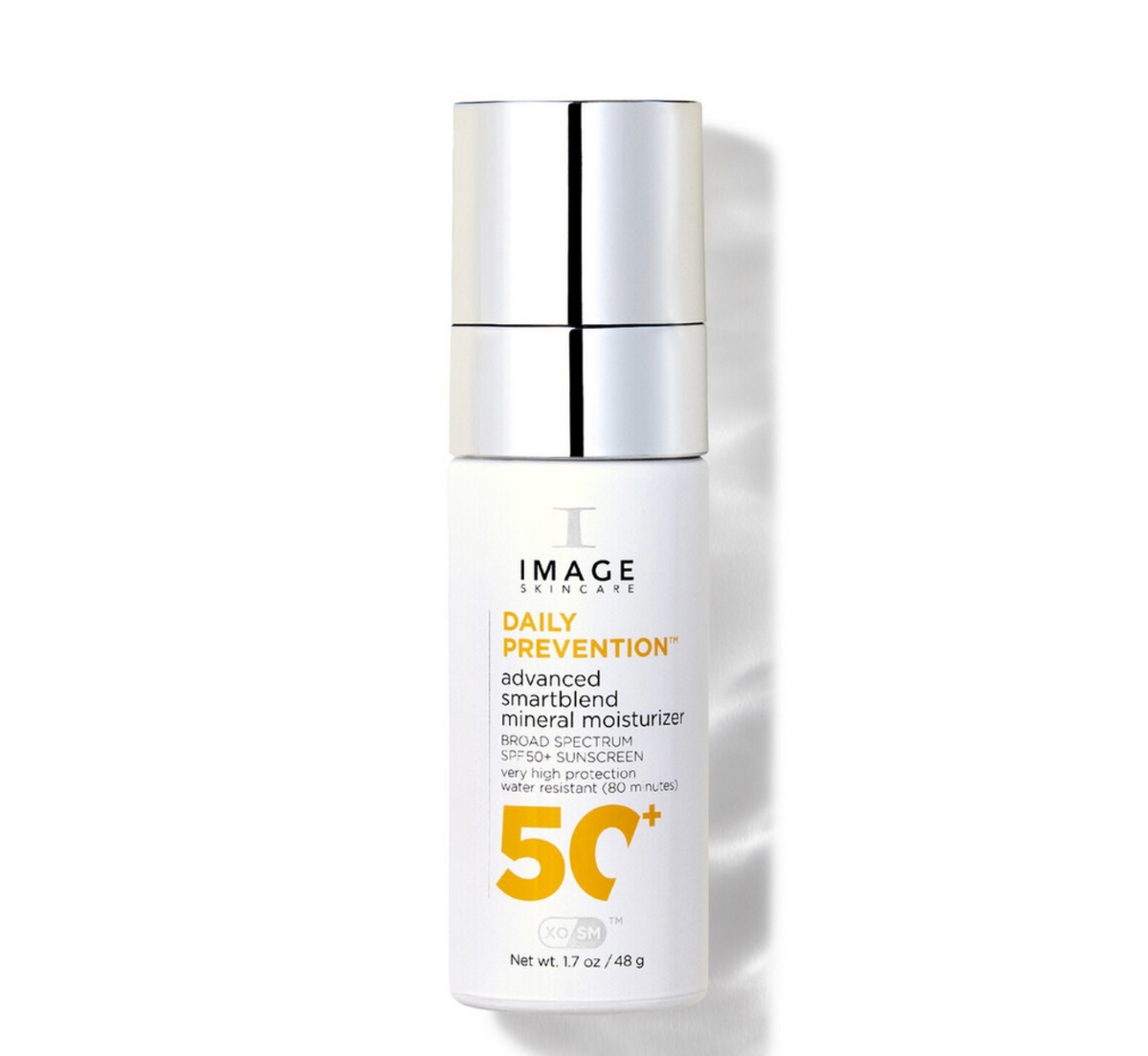White bottle with silver cap, Image Skincare DAILY PREVENTION advanced smartblend mineral moisturizer, large yellow 50+
