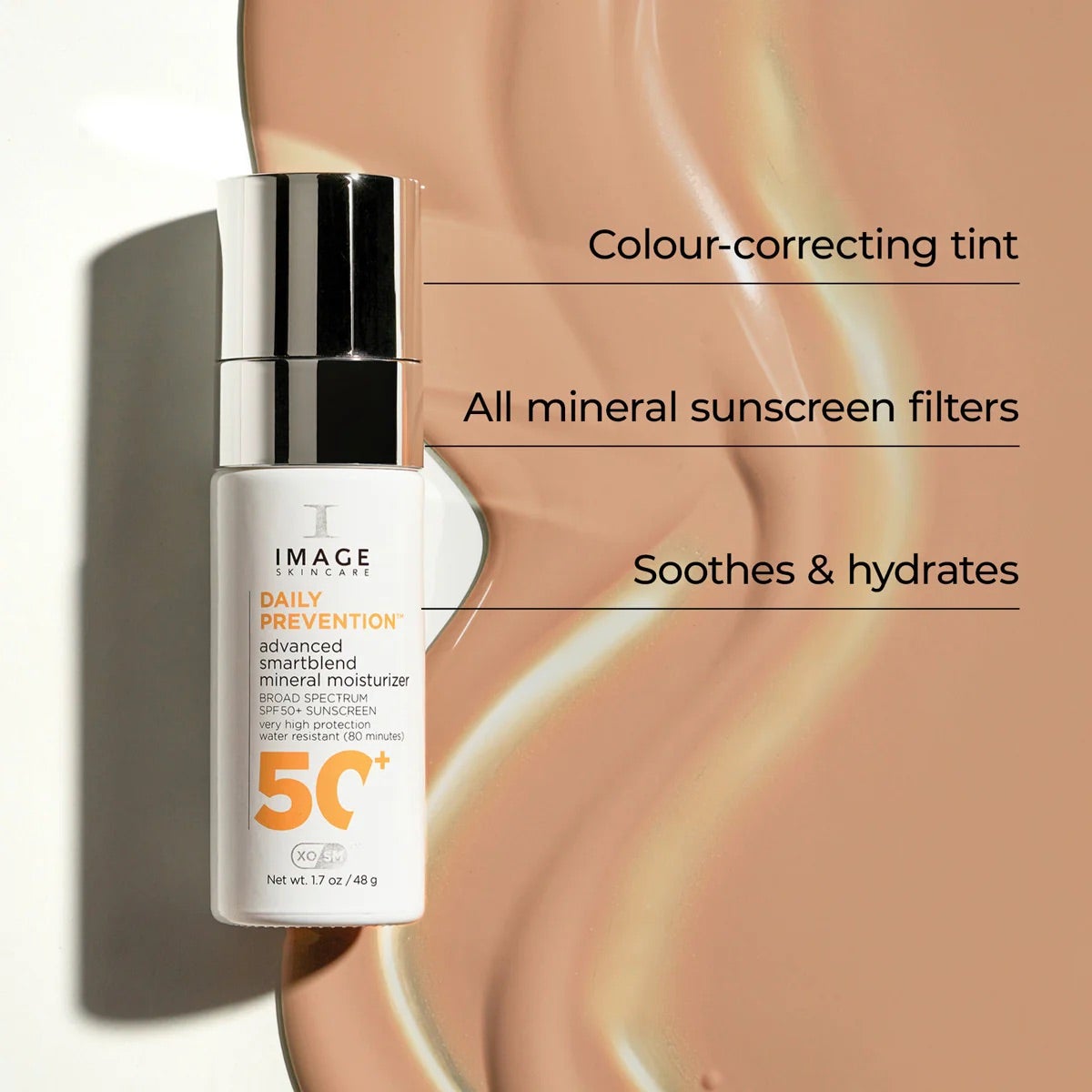 Image Skincare DAILY PREVENTION advanced smartblend SPF 50+ bottle on beige tinted cream, with English captions