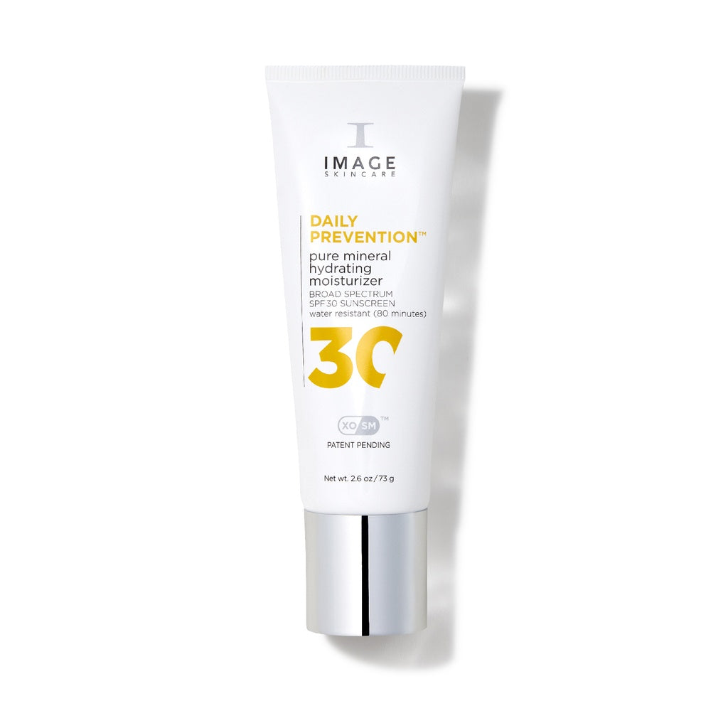 White tube with silver cap, Image Skincare DAILY PREVENTION pure mineral hydrating moisturizer, large yellow 30