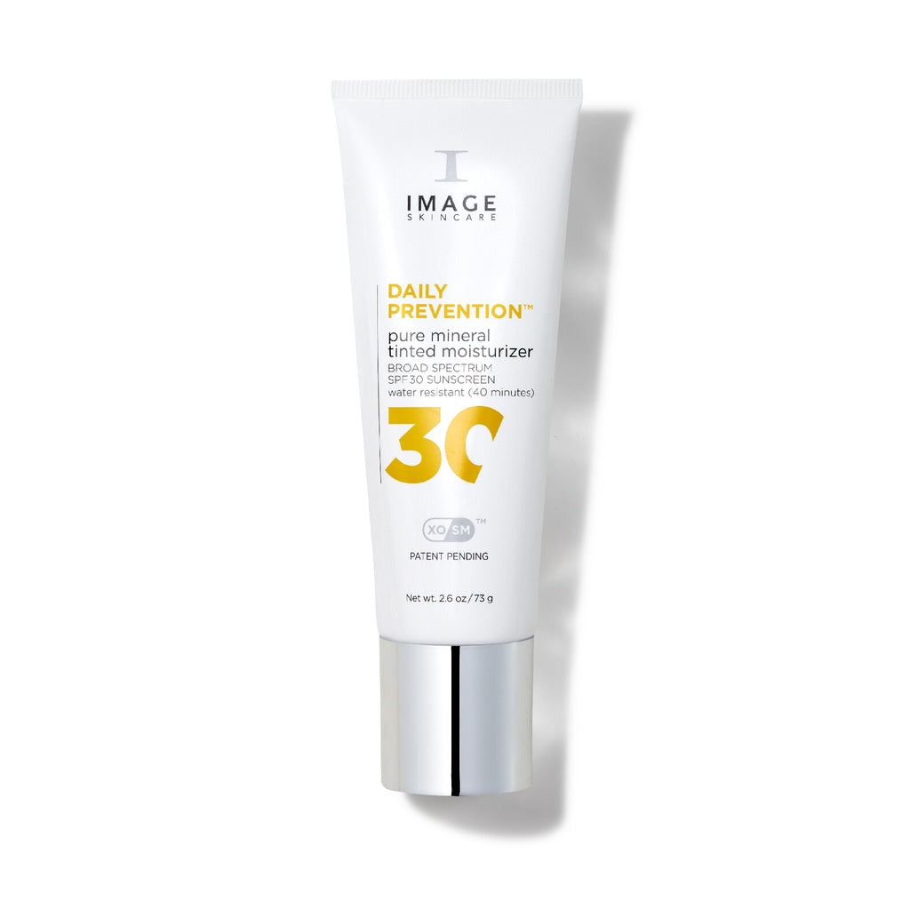 White tube with silver cap, Image Skincare DAILY PREVENTION pure mineral tinted moisturizer, large yellow 30