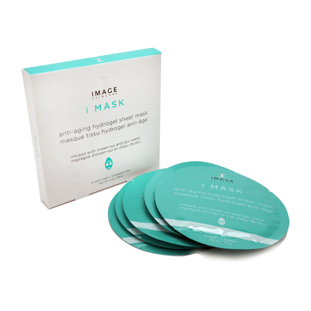 White and teal Image Skincare I MASK anti-aging hydrogel sheet mask box with five round teal sachets fanned out