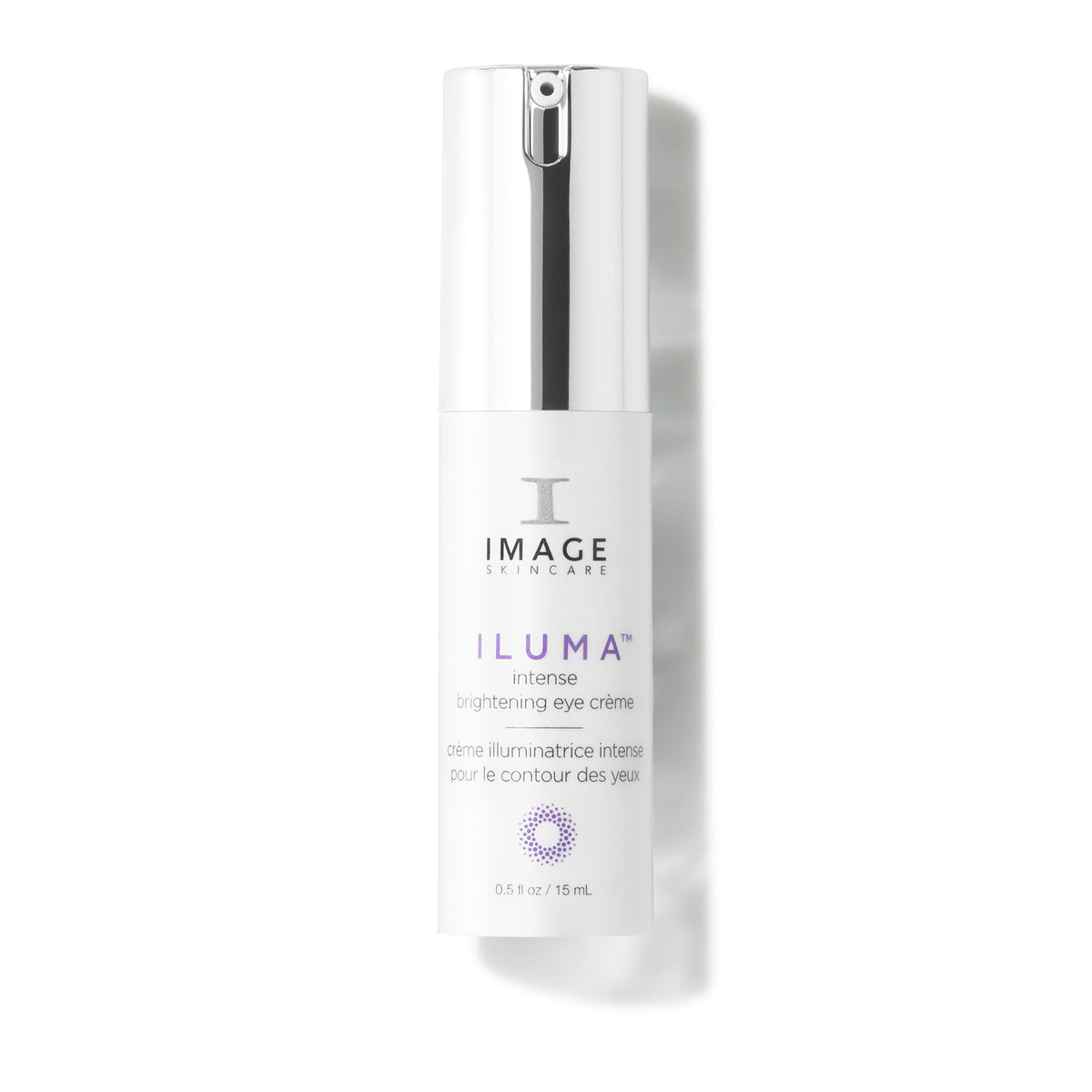 Silver and white pump bottle, Image Skincare ILUMA intense brightening eye crème, 15 mL, white background
