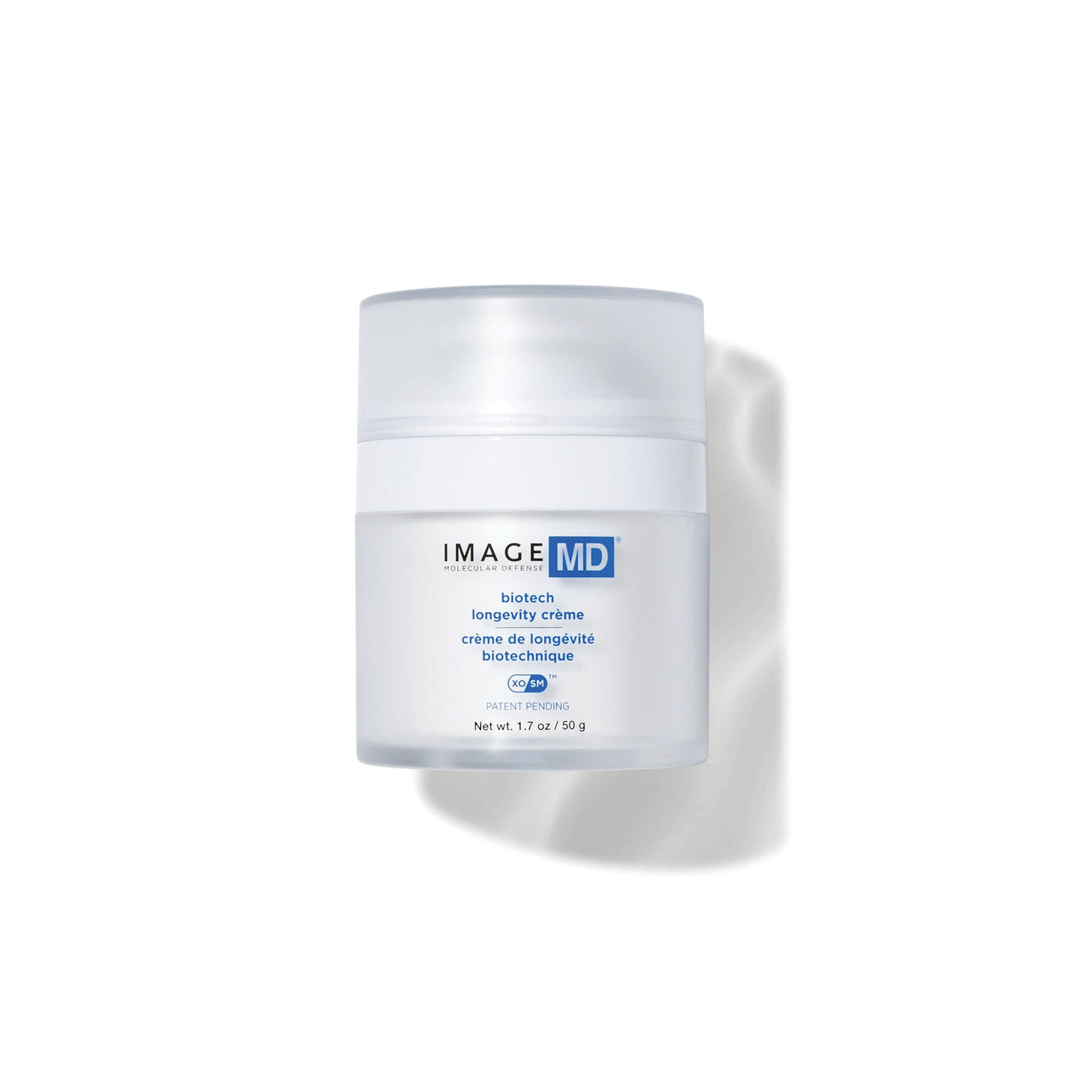 Frosted jar with translucent cap, Image Skincare IMAGE MD biotech longevity crème, 50 g, on a white background