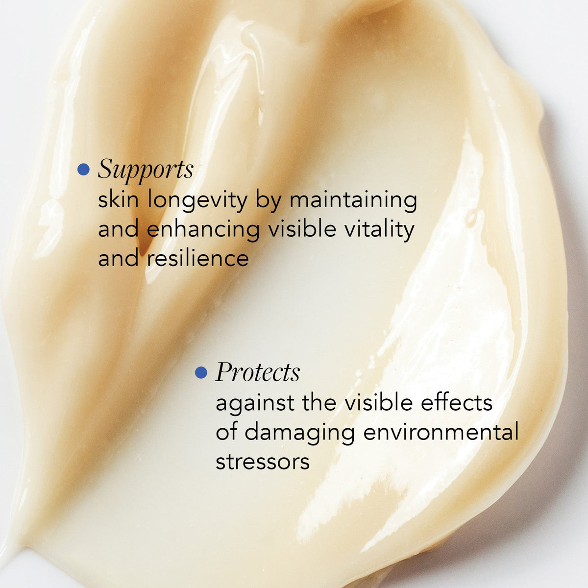 Pearly beige swatch of Image Skincare IMAGE MD biotech longevity crème with two short English captions