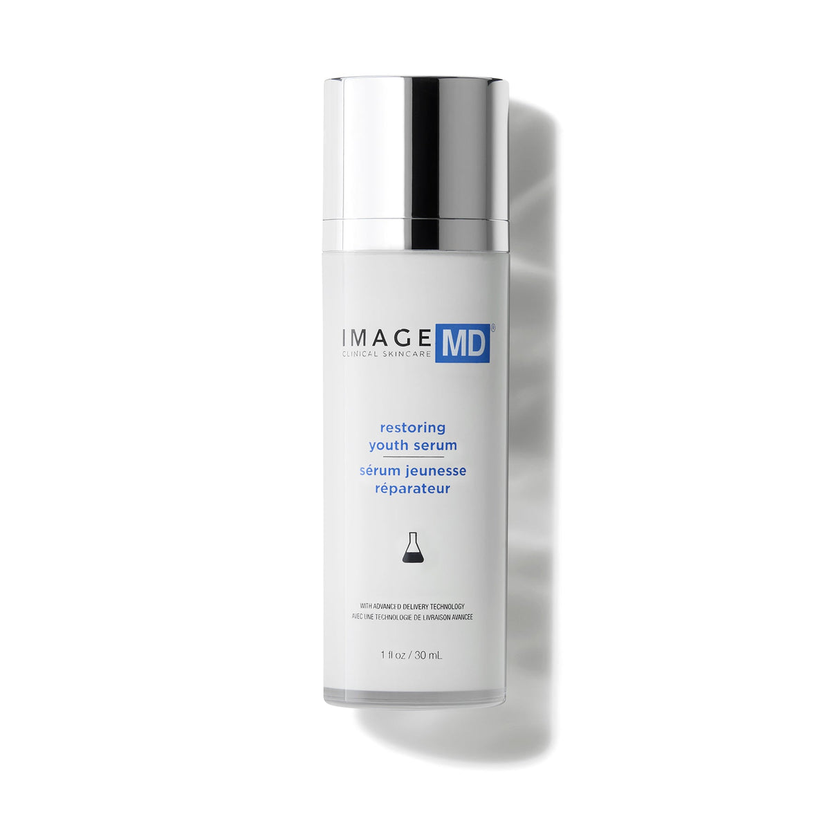 White pump bottle with silver cap, Image Skincare IMAGE MD restoring youth serum, 30 mL, on a white background