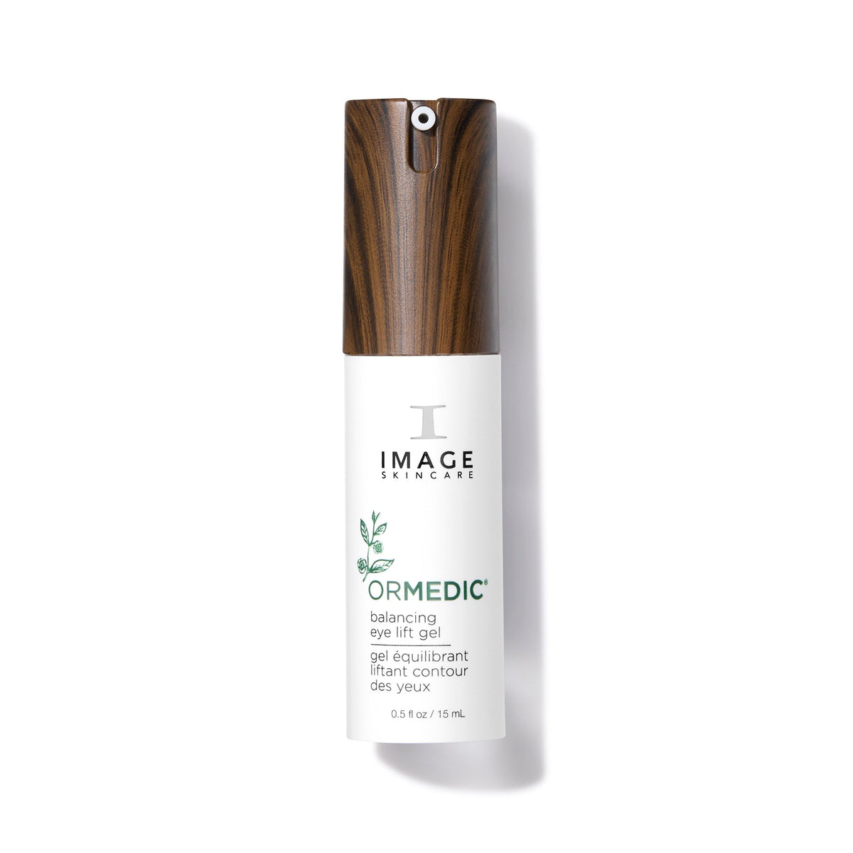 Image Skincare ORMEDIC balancing eye lift gel pump bottle with a wood-look cap, 15 mL, on a white background