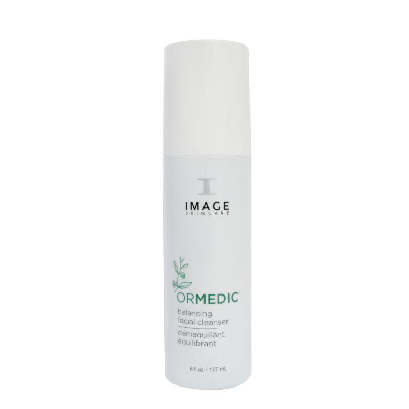 White Image Skincare ORMEDIC balancing facial cleanser bottle, 177 mL, decorated with a green sprig, on a white background
