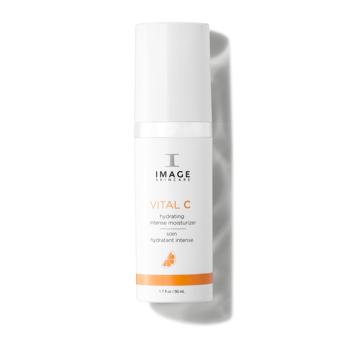 White Image Skincare VITAL C hydrating intense moisturizer pump bottle, 50 mL, orange band, on a white background