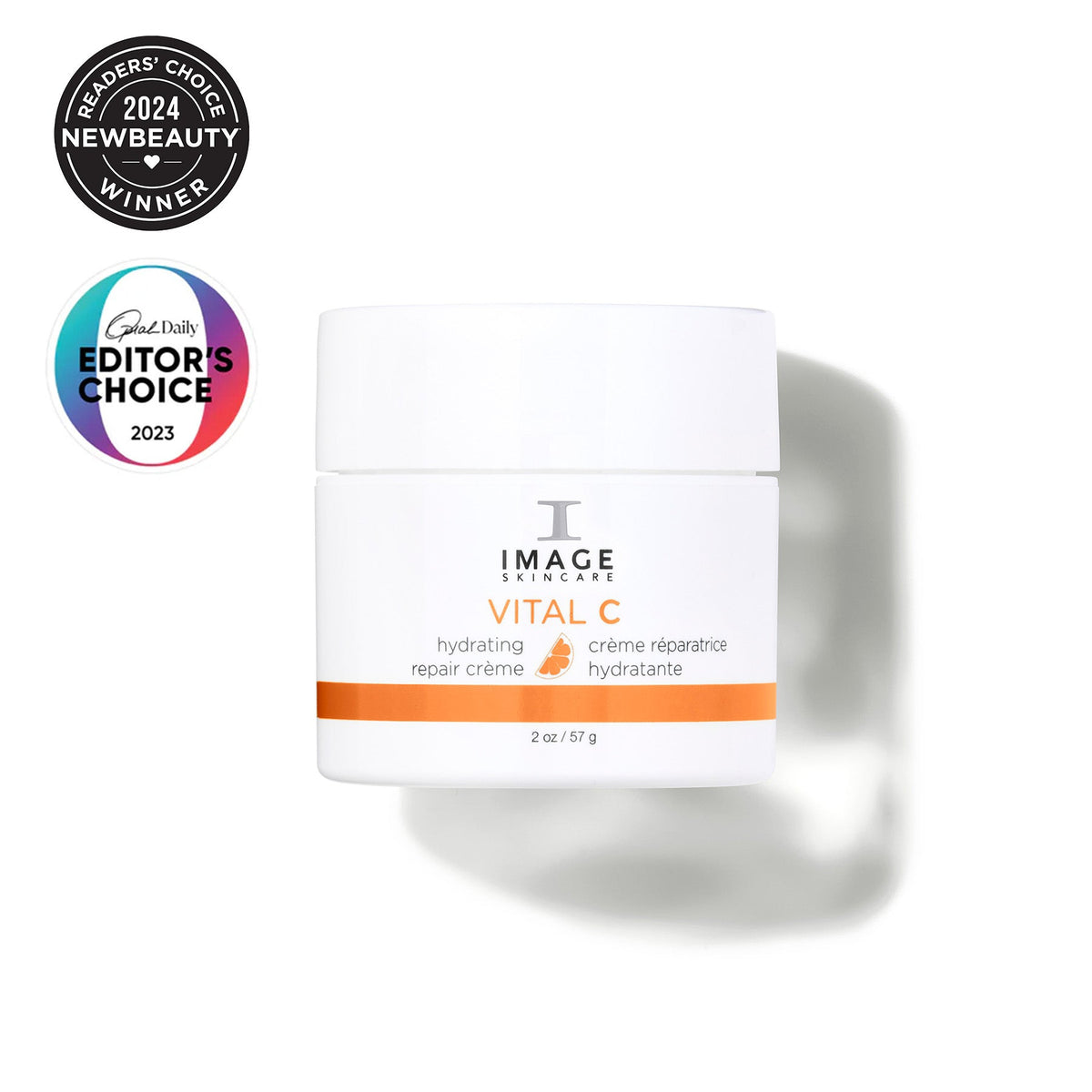 White jar with orange band, Image Skincare VITAL C hydrating repair crème, 57 g, two magazine badges