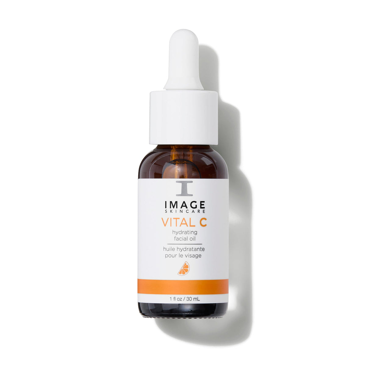 Amber dropper bottle with white and orange label, Image Skincare VITAL C hydrating facial oil, 30 mL