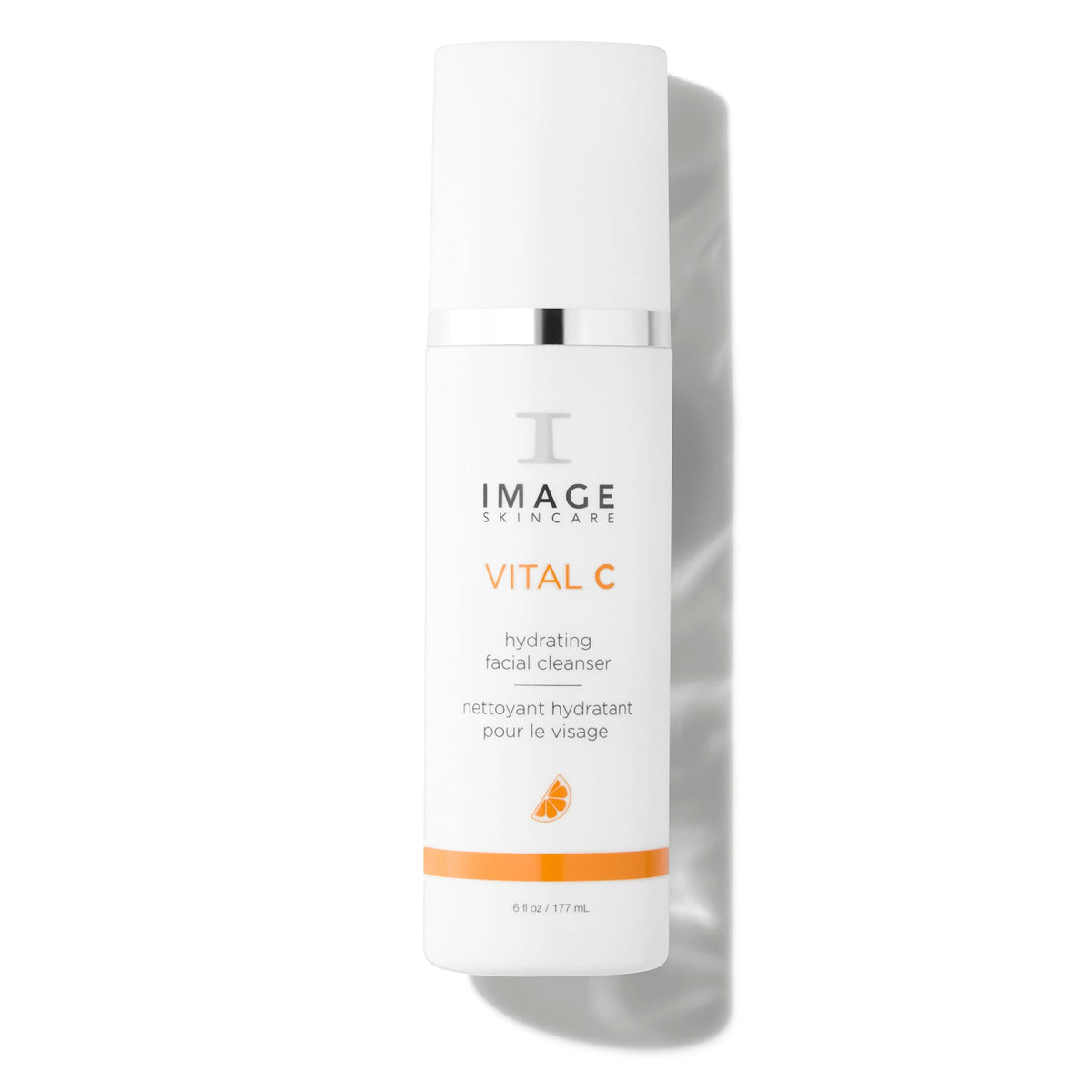 White bottle with silver ring and orange band, Image Skincare VITAL C hydrating facial cleanser, 177 mL