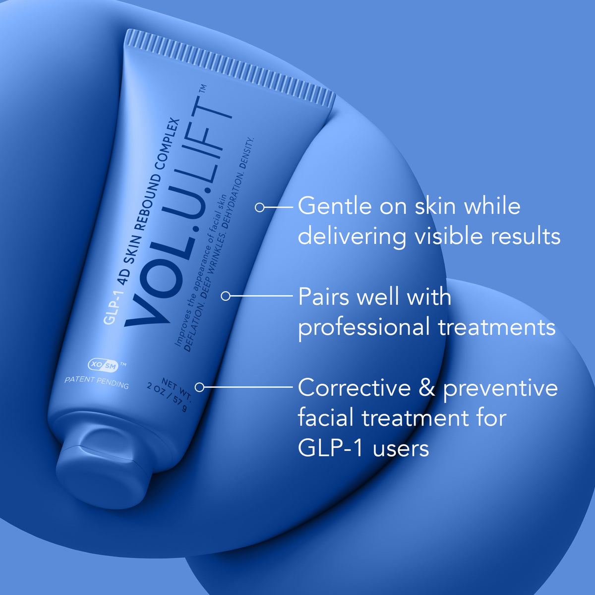 Blue Image Skincare VOL.U.LIFT tube resting on blue spheres, with three English captions
