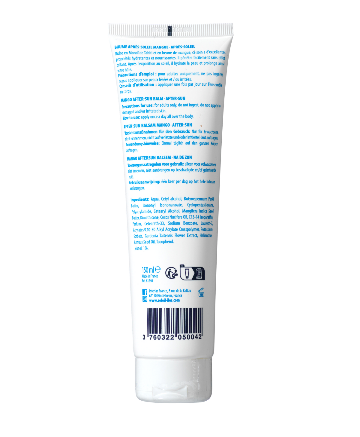 Back of the Soleil des Îles Mango after-sun balm tube: directions in four languages, ingredients and barcode