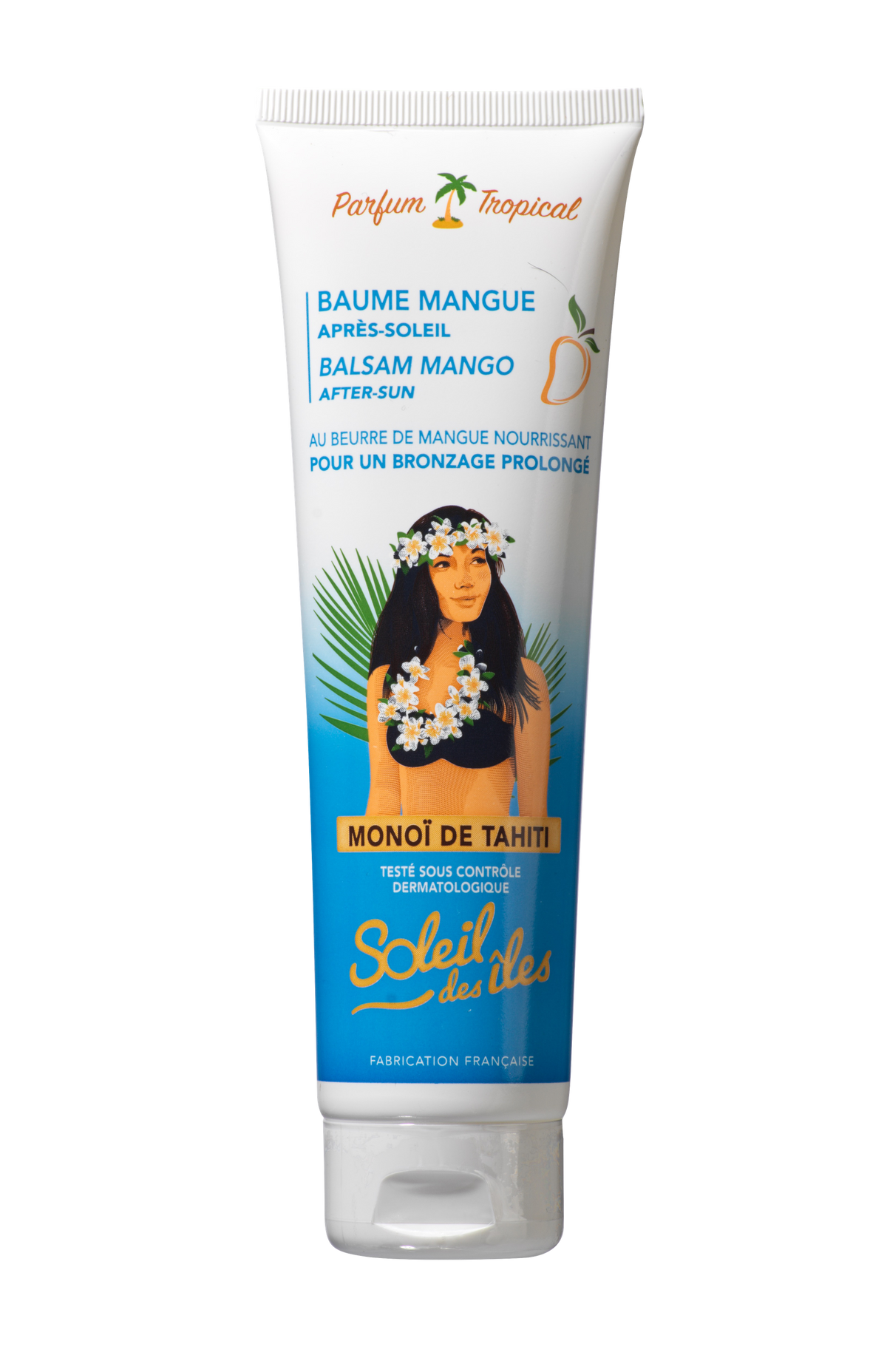 White and blue Soleil des Îles tube, Mango after-sun balm with Monoï de Tahiti, front view on a white background
